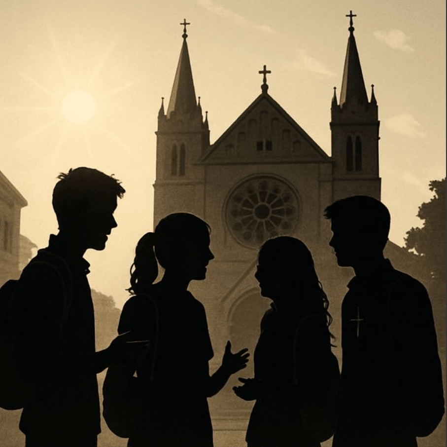 jeunes devant l'église